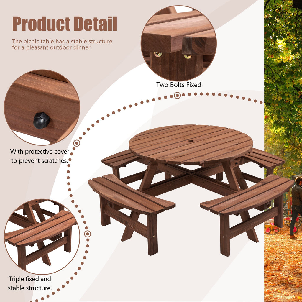 8 Person Wooden Picnic Table with Umbrella Hole - Brown
