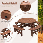 8 Person Wooden Picnic Table with Umbrella Hole - Brown