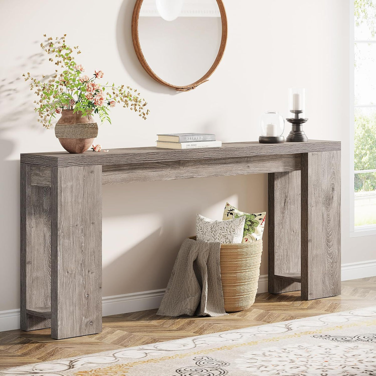Extra Long Farmhouse Console Table with Solid Wood Construction - Light Brown or Dark Gray