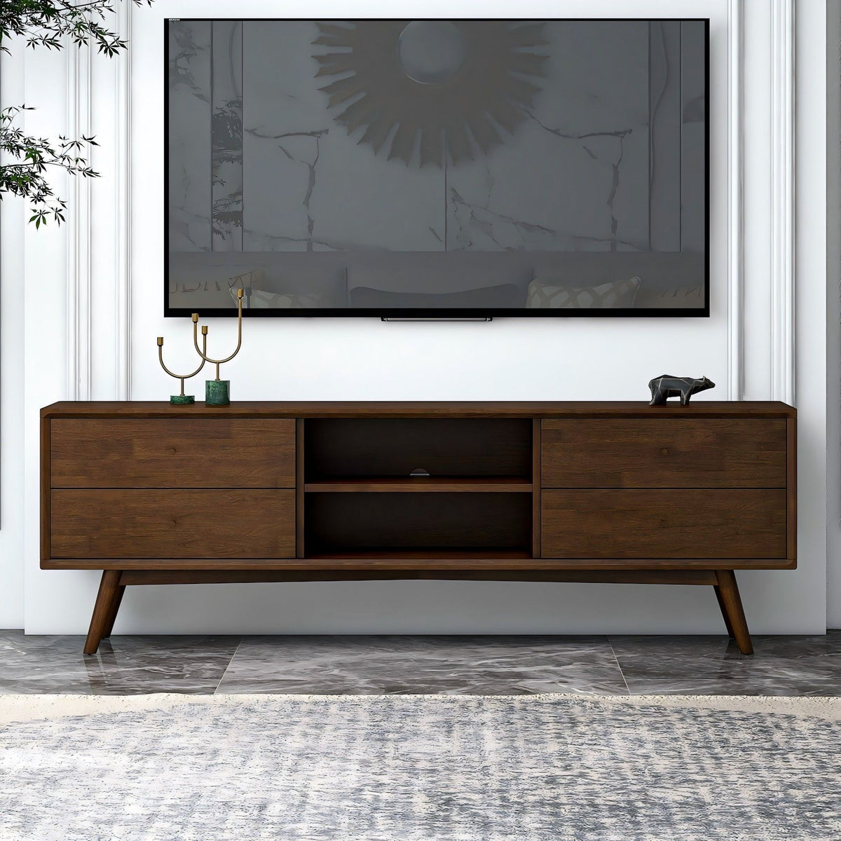 Modern TV Stand Up To 72" with Solid Wood Construction - White or Dark Brown