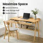 Solid Wood Writing Desk with Drawers & Storage Shelf - Mid Century Modern