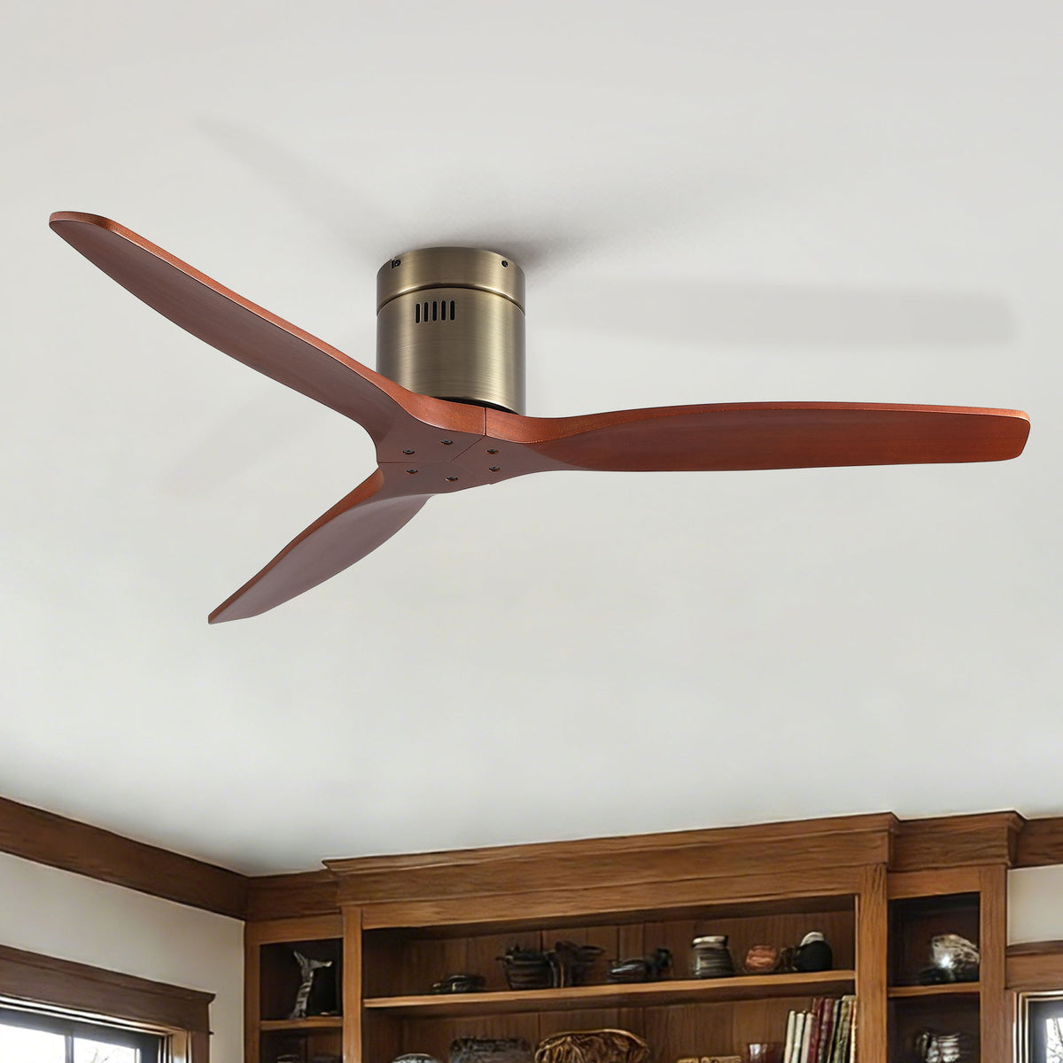 Low Profile Flush Mount Ceiling Fan Without Light with Remote - Brown