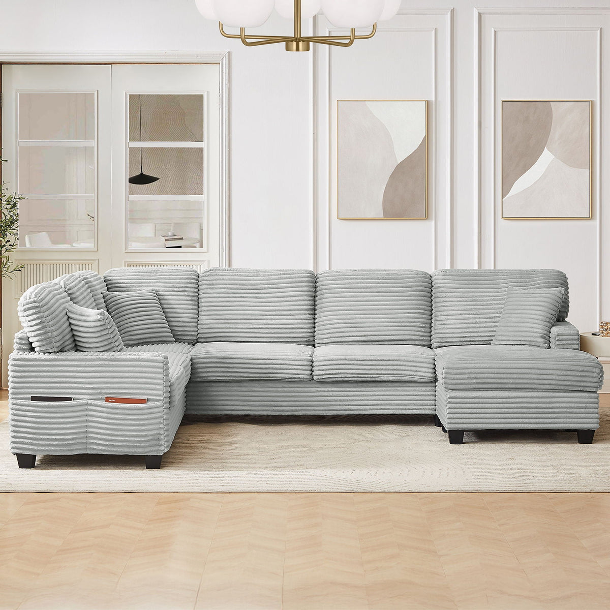 U-Shaped Upholstered Sectional Sofa with Movable Ottoman