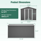 Lockable Metal Shed 8x12 FT with Aluminum Frame - Gray