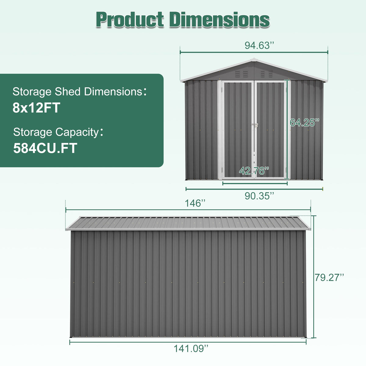 Lockable Metal Shed 8x12 FT with Aluminum Frame - Gray