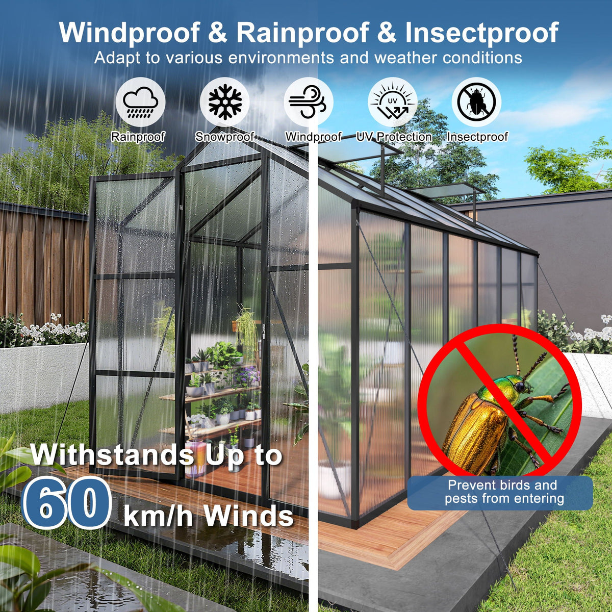 Windproof Greenhouse with Raised Base - Polycarbonate Panels - Black