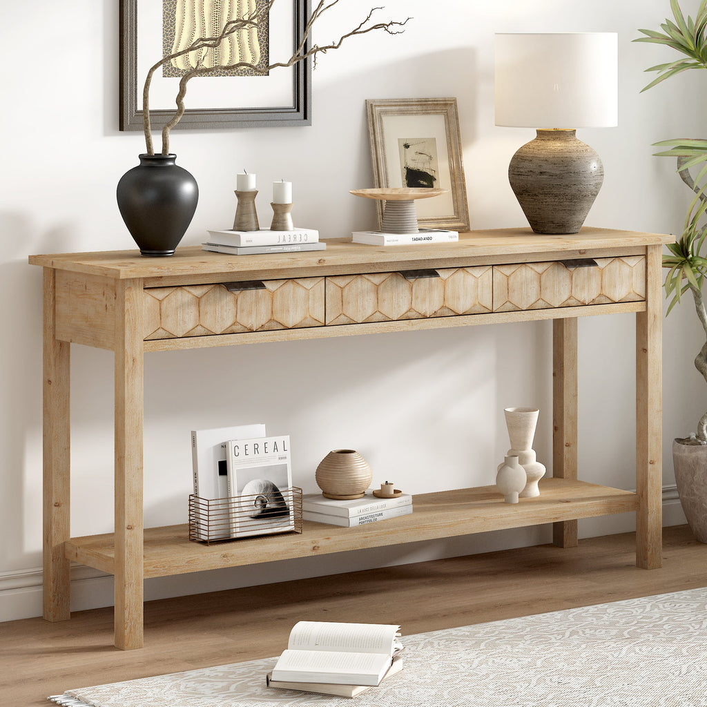 Fir Veneer Entryway Table with Honeycomb-Patterned Drawers - Natural