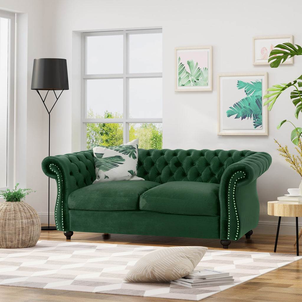 Chesterfield Loveseat Sofa with Tufted Velvet - Emerald or Navy Blue