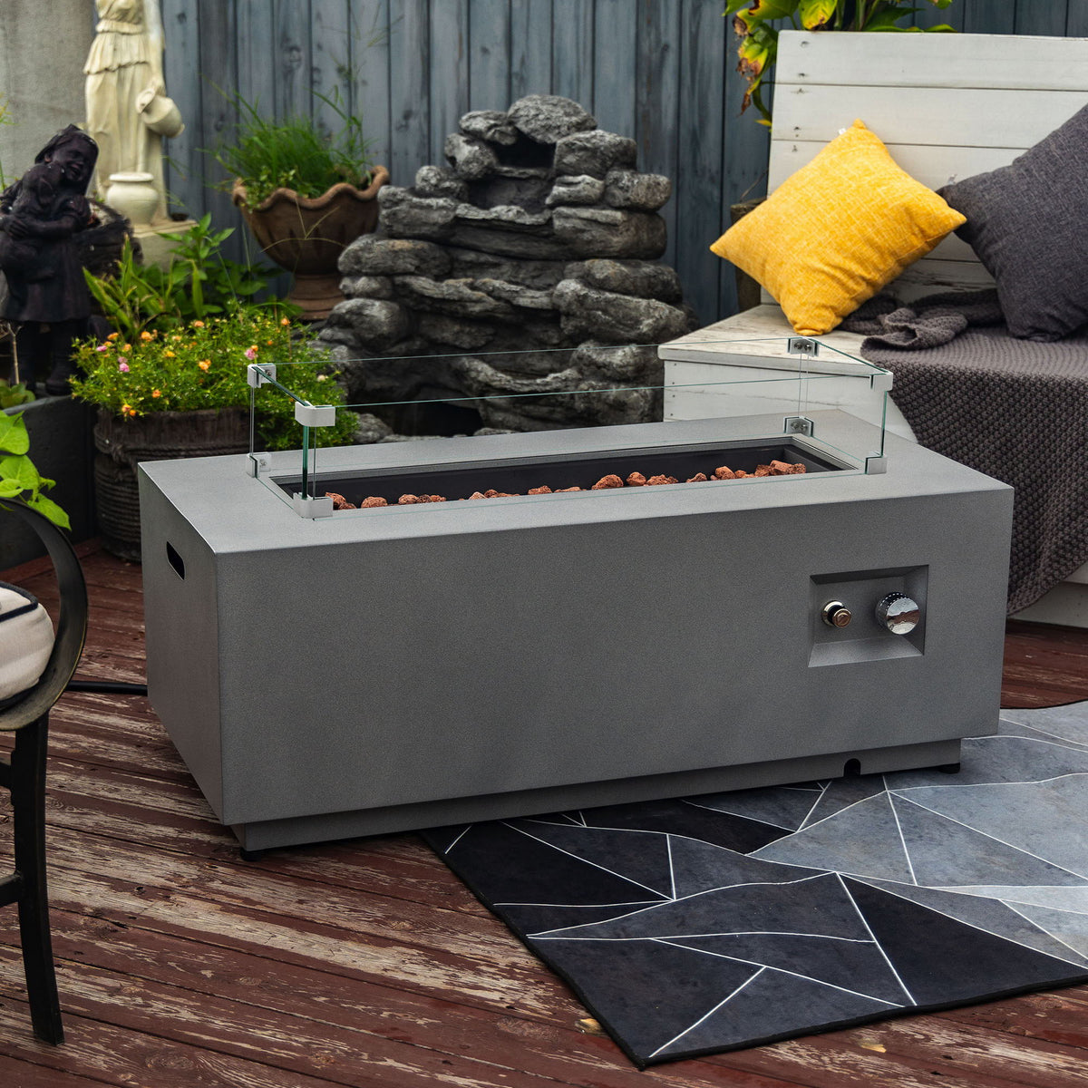 Propane Gas Fire Pit Table with Glass Wind Guard - Gray