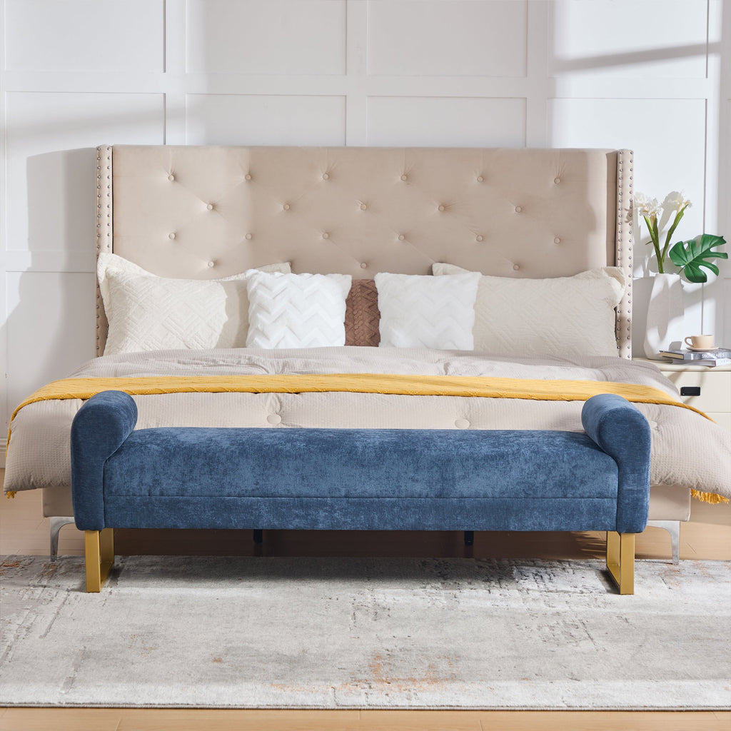 65" Chenille Ottoman Bench with Upholstered Wood Frame - Neutral