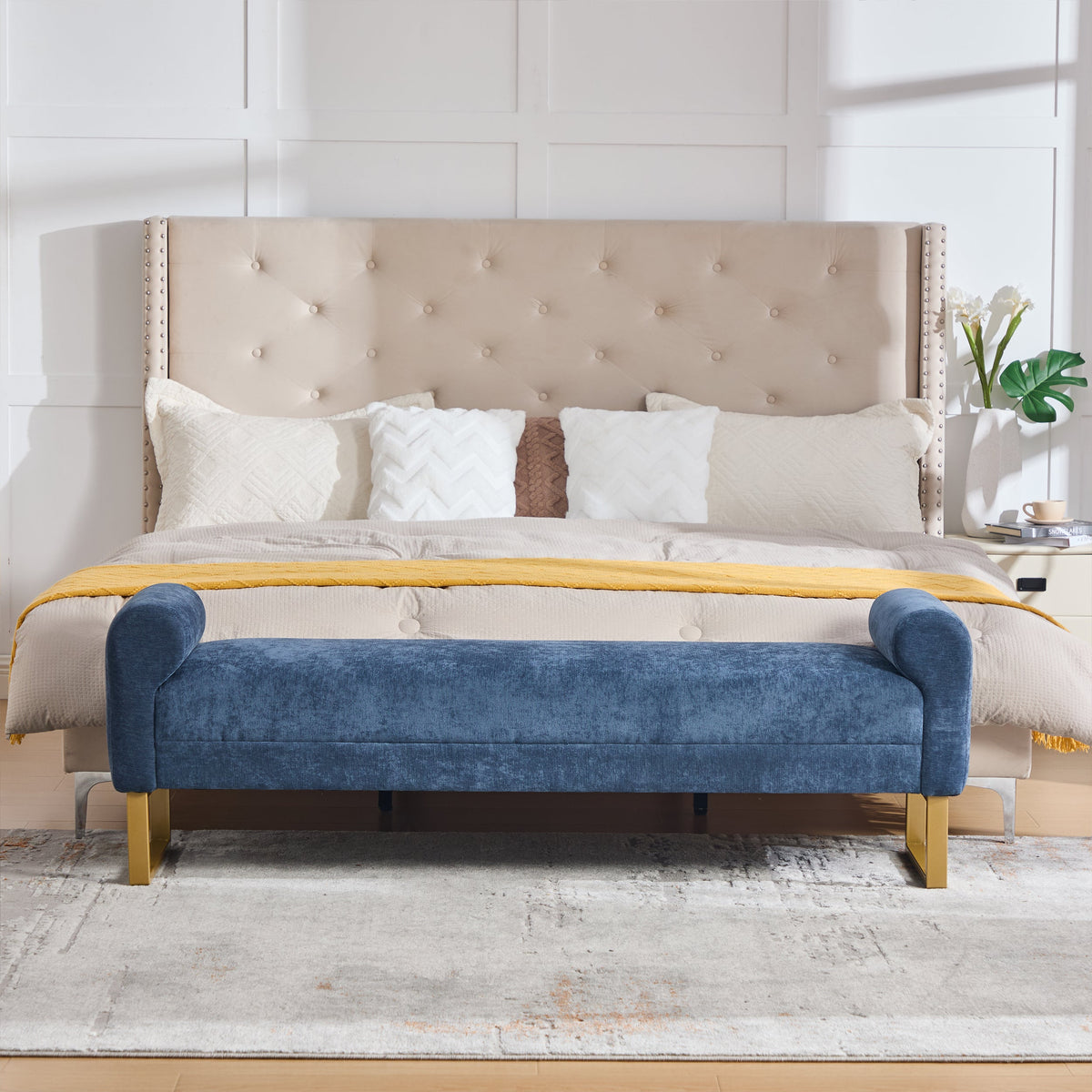 65" Chenille Ottoman Bench with Upholstered Wood Frame - Neutral