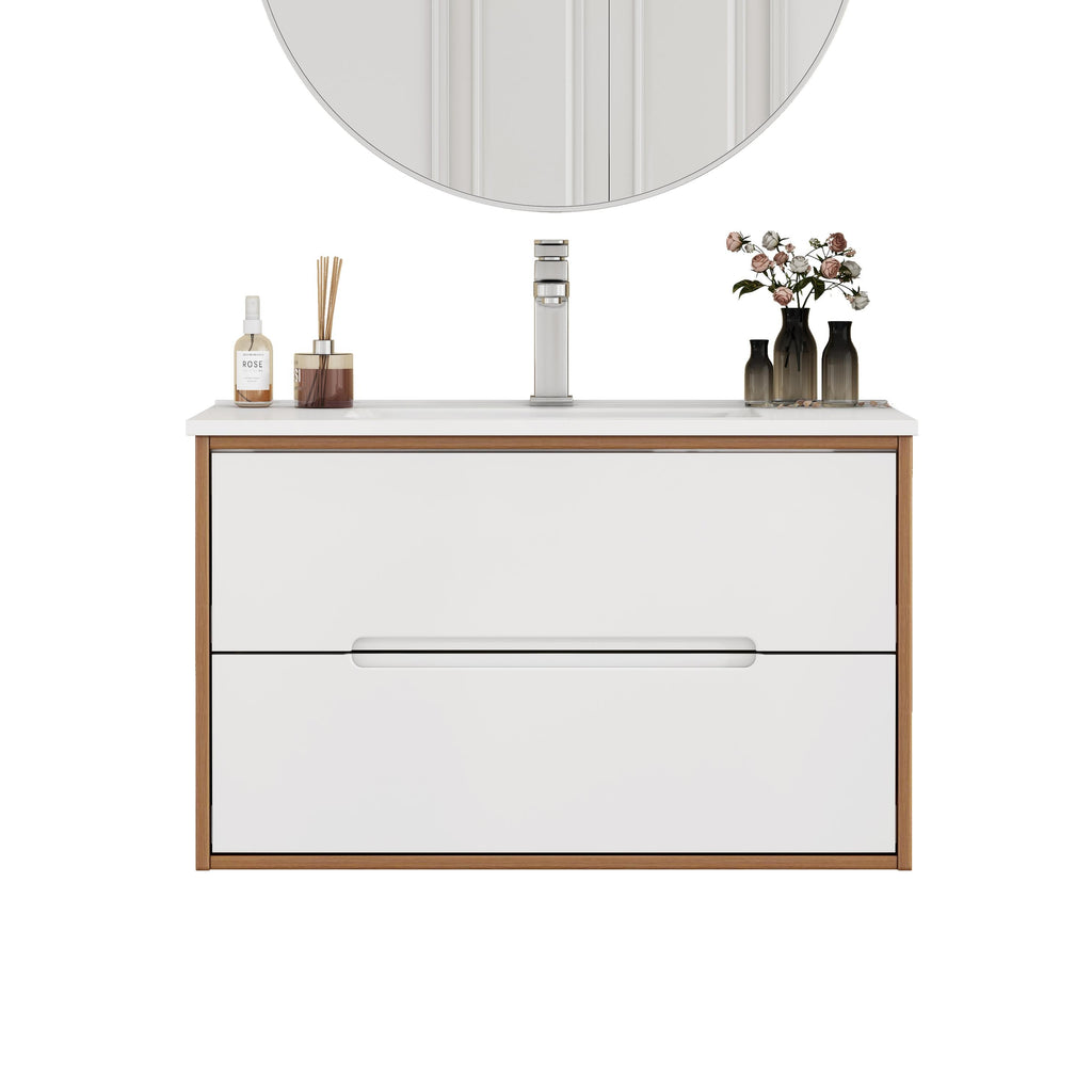 32-Inch Wall-Mounted Bathroom Vanity with Ceramic Sink Combo - Walnut/White