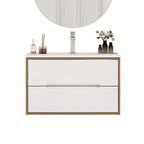 32-Inch Wall-Mounted Bathroom Vanity with Ceramic Sink Combo - Walnut/White