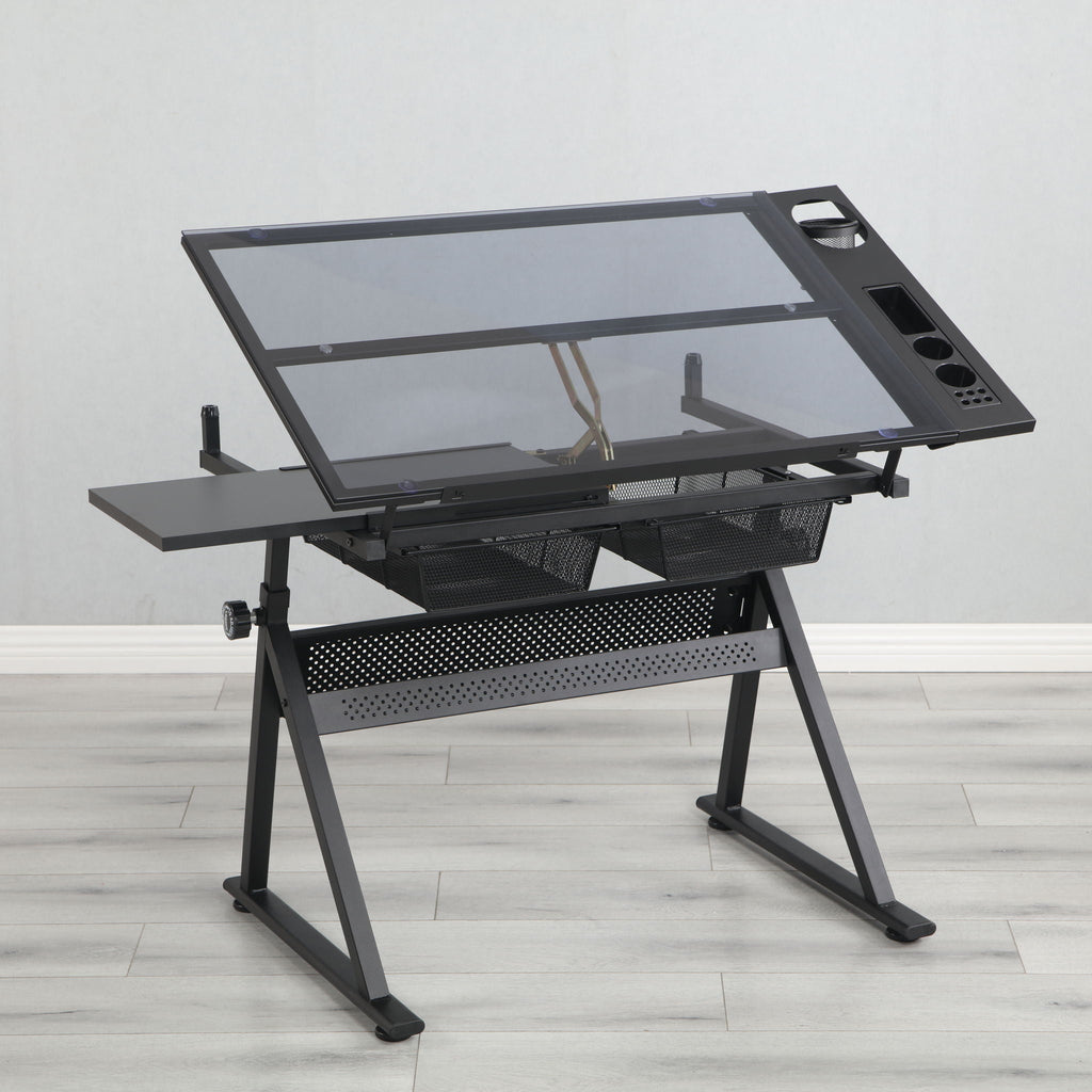 Adjustable Tempered Glass Drafting Printing Table with Chair - Black or White