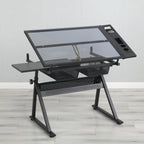Adjustable Tempered Glass Drafting Printing Table with Chair - Black or White