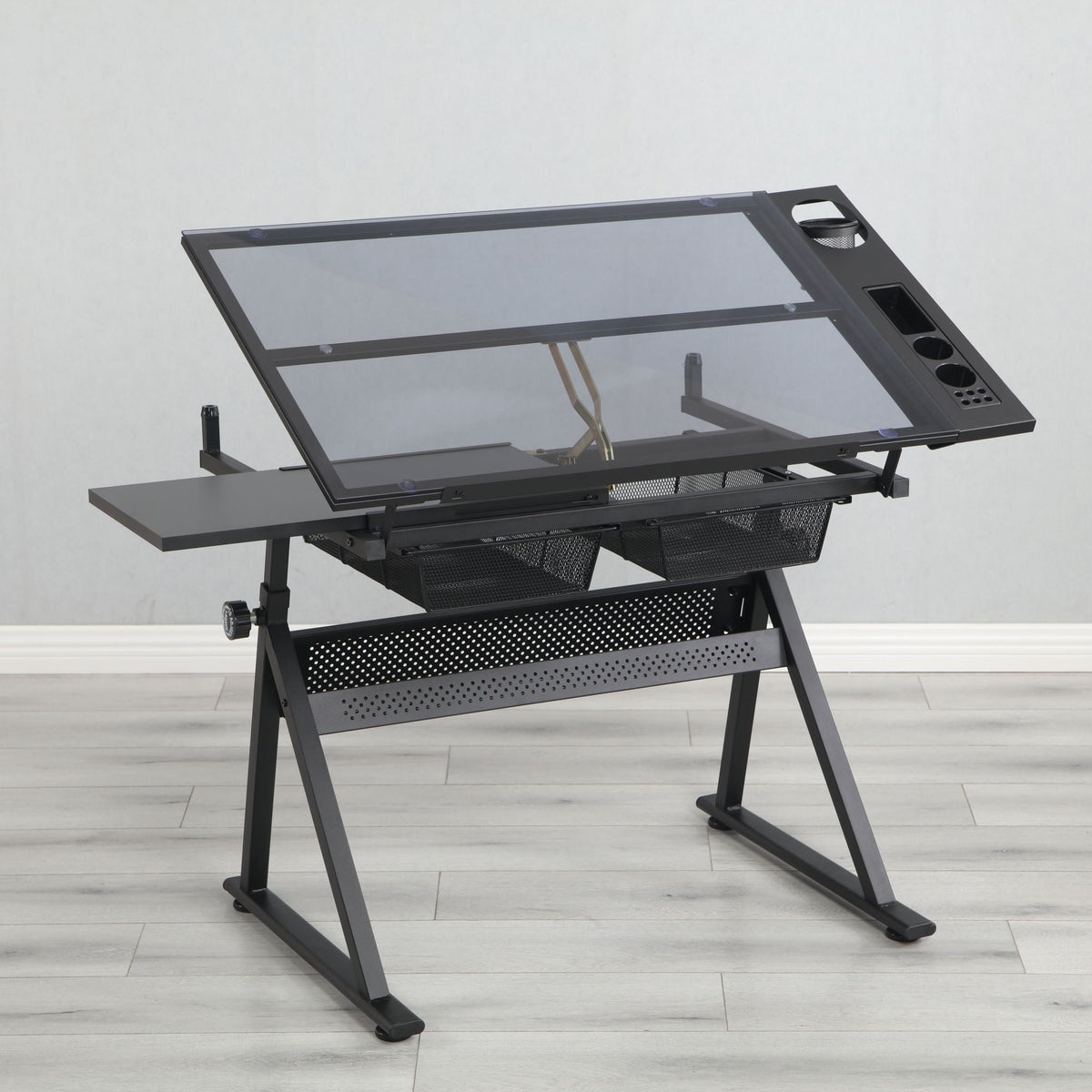 Adjustable Tempered Glass Drafting Printing Table with Chair - Black or White