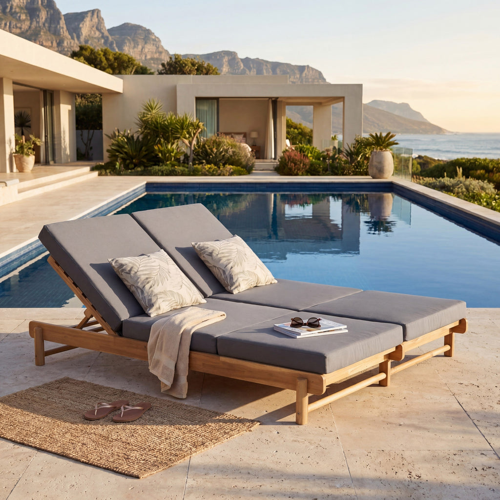 Light Teak Acacia Wood Double Chaise Lounger Set with Dark Grey Cushions - Patio Seating