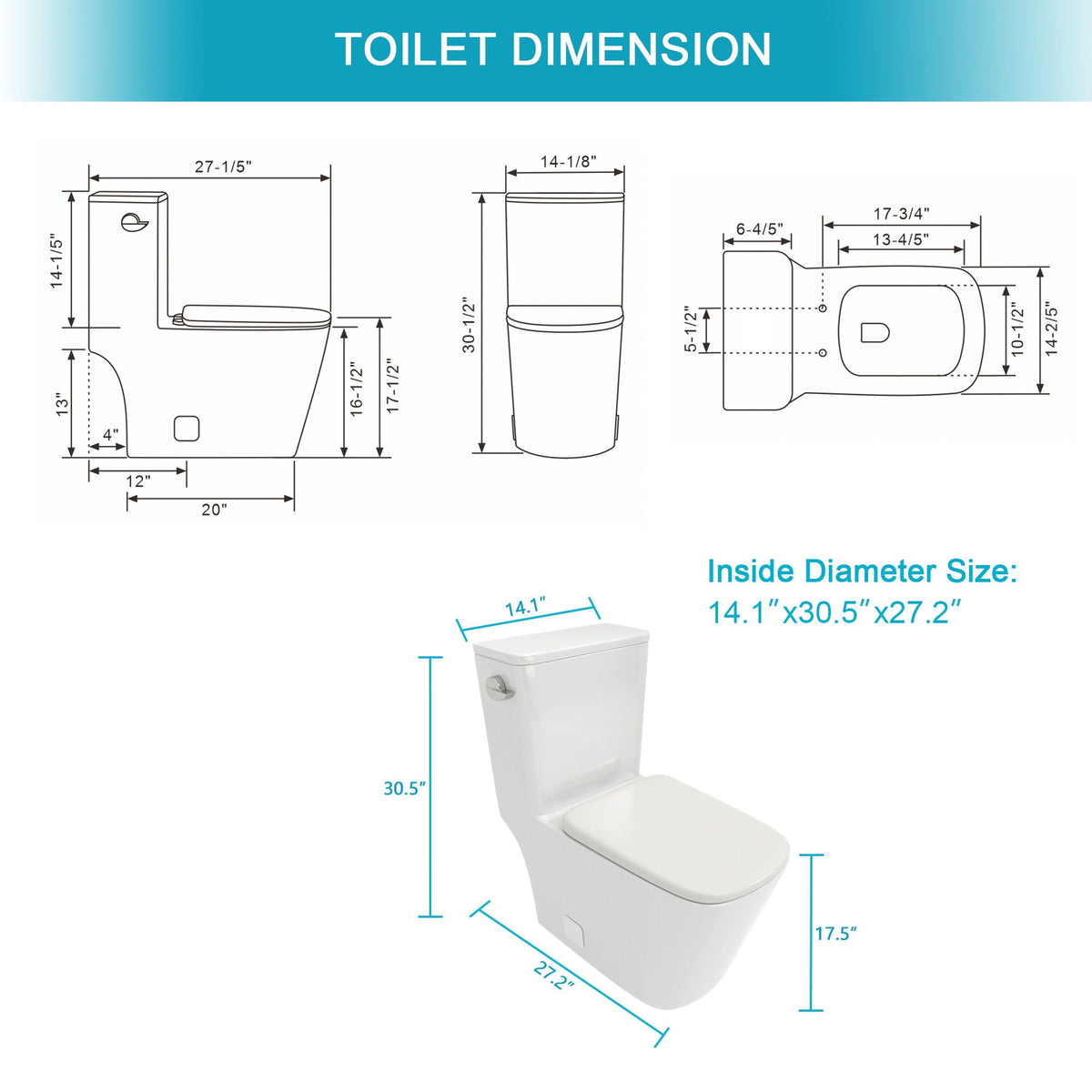 1 Piece Toilet with Single Flush and Soft Closing Seat - White