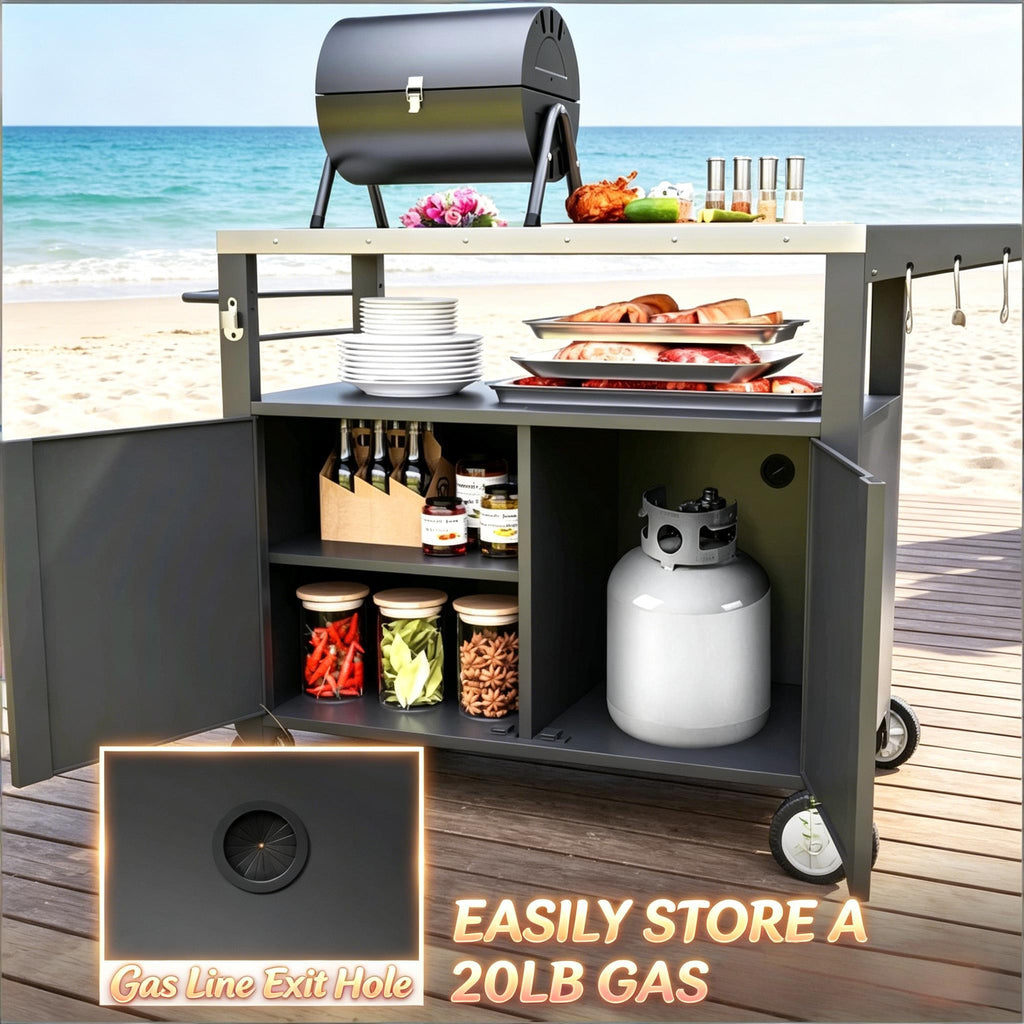 Stainless Steel Movable Kitchen Island with Foldable Side Table - Silver