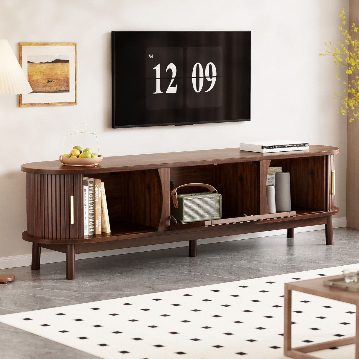 TV Stand Entertainment Center with Storage and Sliding Doors - Dark Brown
