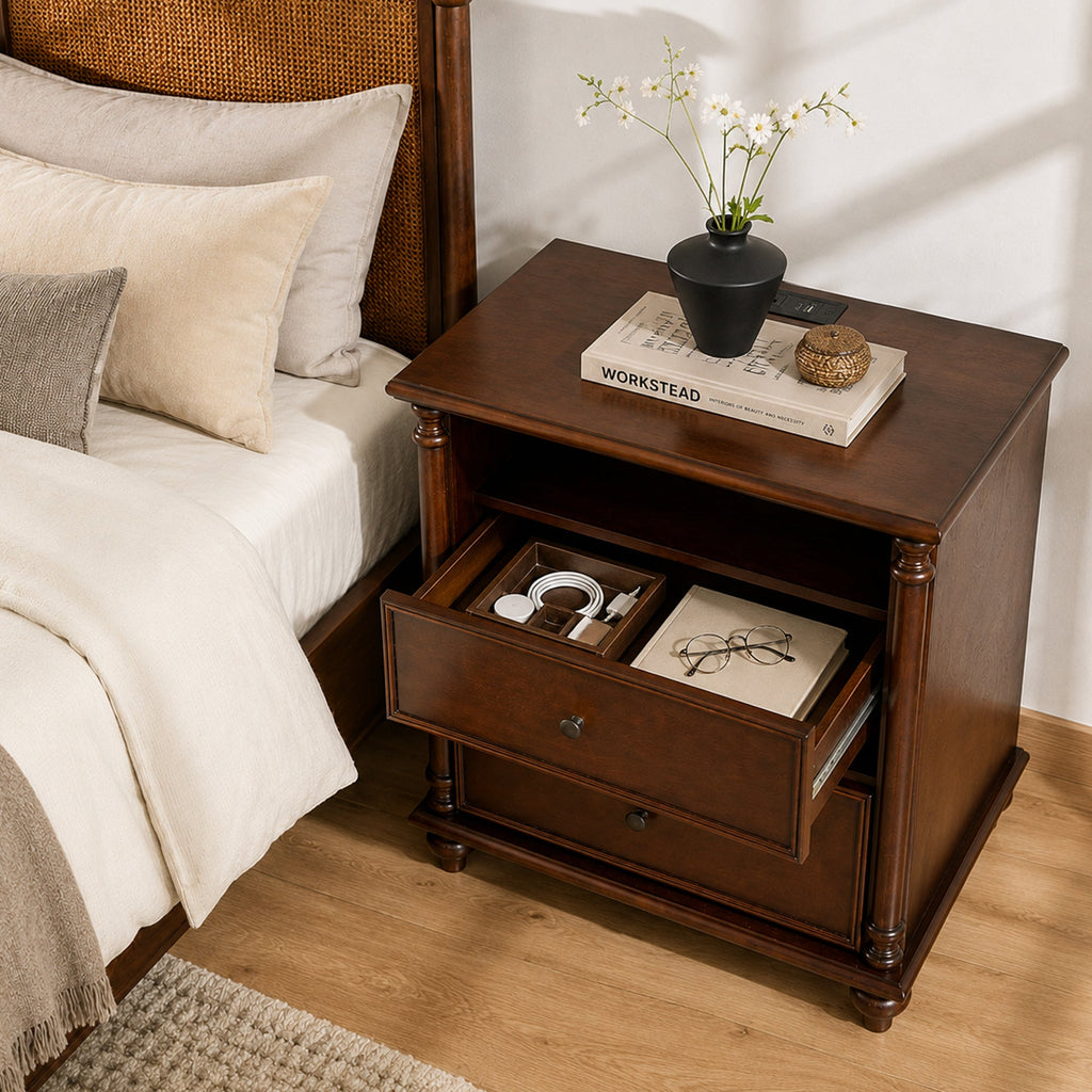 28" Rustic Nightstand with Charging Station - Walnut