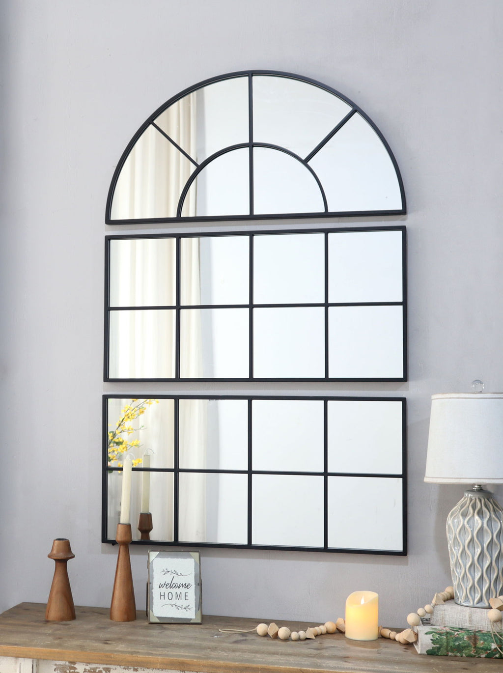 Large Arched Wall Mirror with 3 Separate Sections - Black