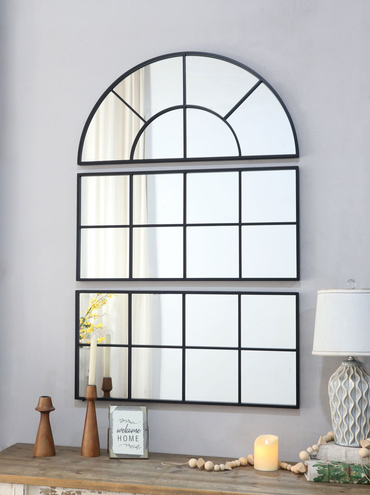 Large Arched Wall Mirror with 3 Separate Sections - Black