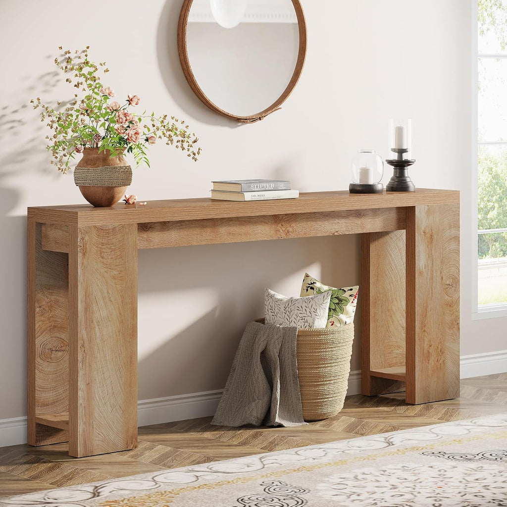 Extra Long Farmhouse Console Table with Solid Wood Construction - Light Brown or Dark Gray