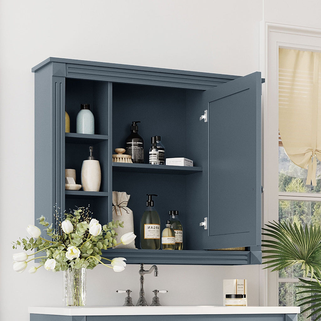 Wall Mounted Bathroom Storage Cabinet with Mirror - Blue, White, or Dark Gray