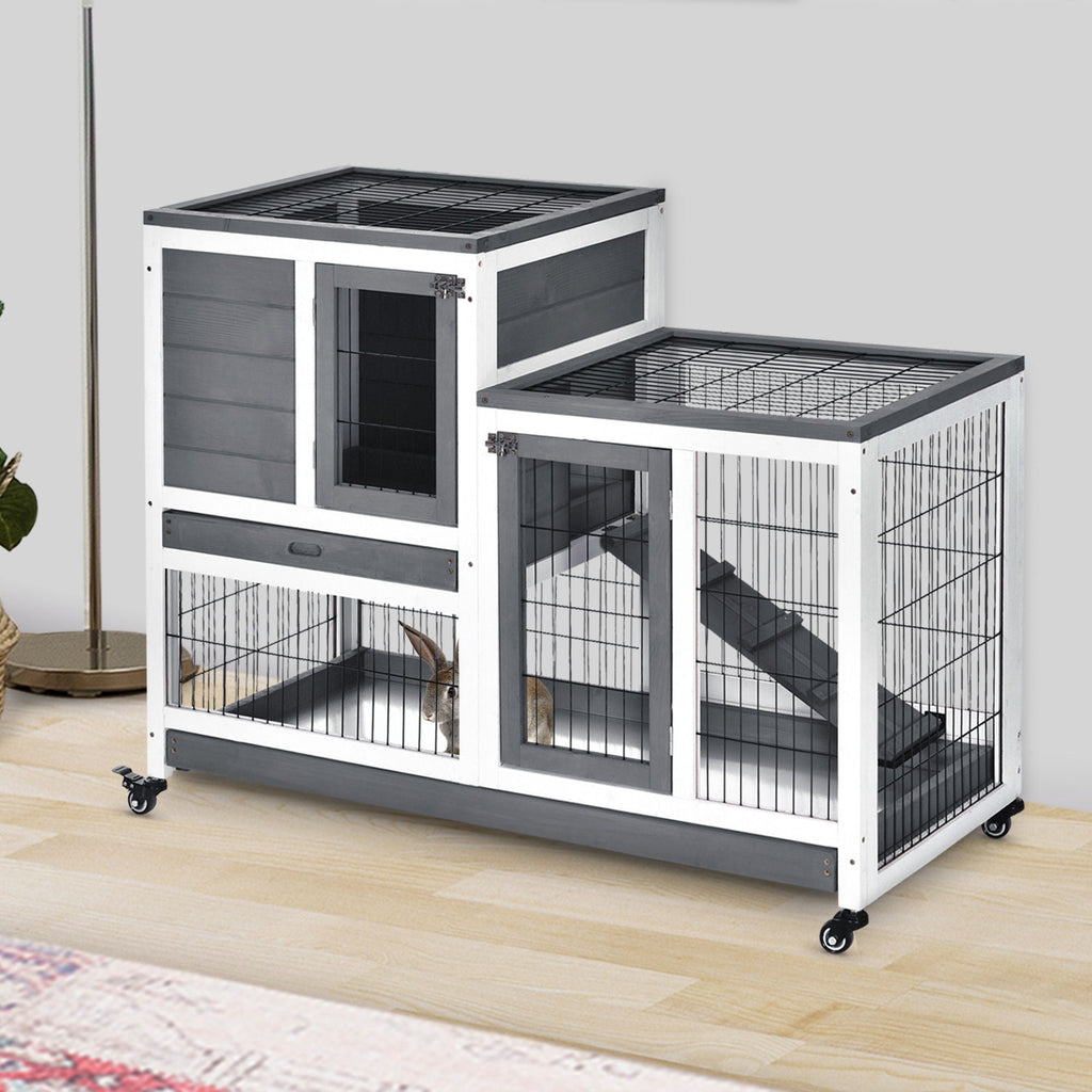 Wooden Rabbit Hutch with Wheels and Removable Tray - Gray