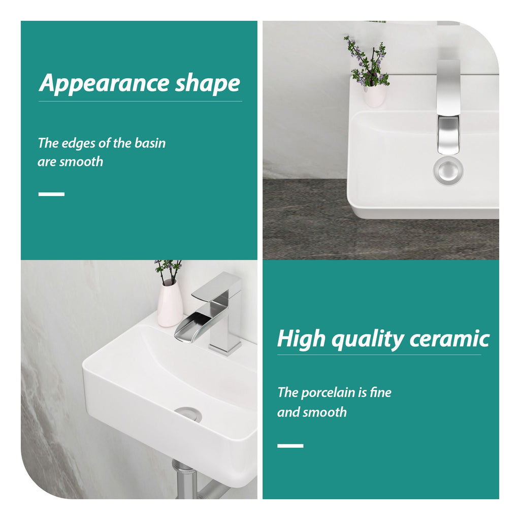 Ceramic Rectangle Wall Mount Bathroom Sink with Single Faucet Hole - White