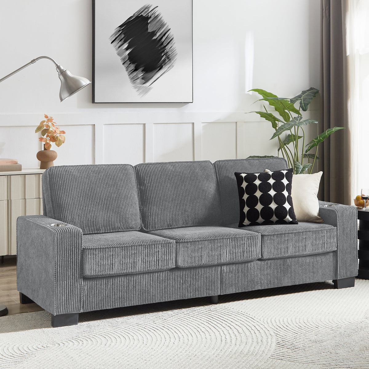 Modern Corduroy 3-Seater Sofa with Cup Holders - Black, Gray, Beige, Pink, or Green