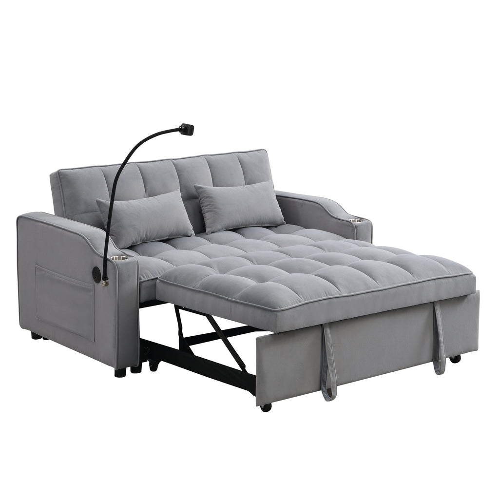 Modern Velvet Sleeper Loveseat with Pullout Bed and USB Ports - Light Gray