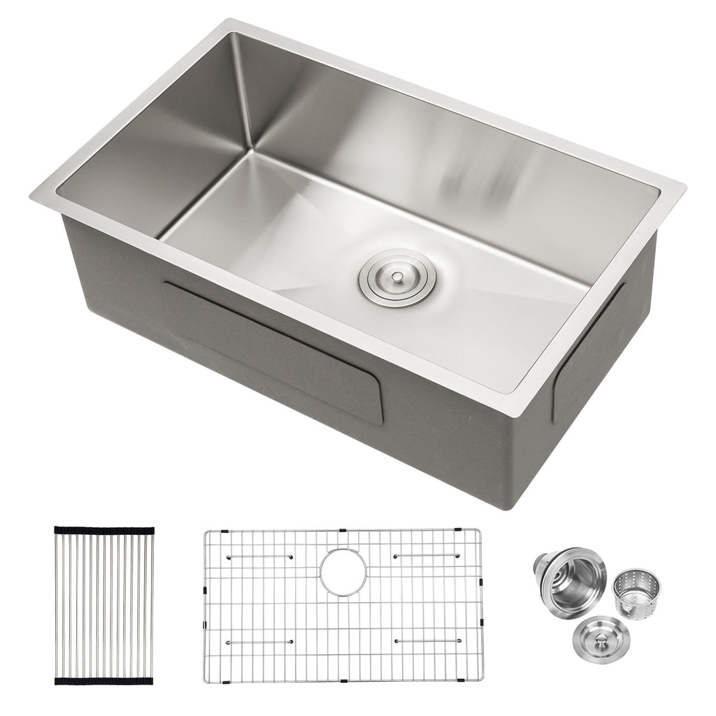 Modern Undermount Stainless Steel Kitchen Sink 16 Gauge, Deep Single Bowl - Gray
