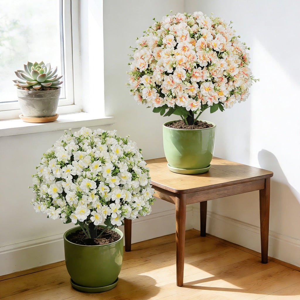 Artificial Snow Lotus Potted Plant with Lifelike White & Pink Blooms - White / Pink