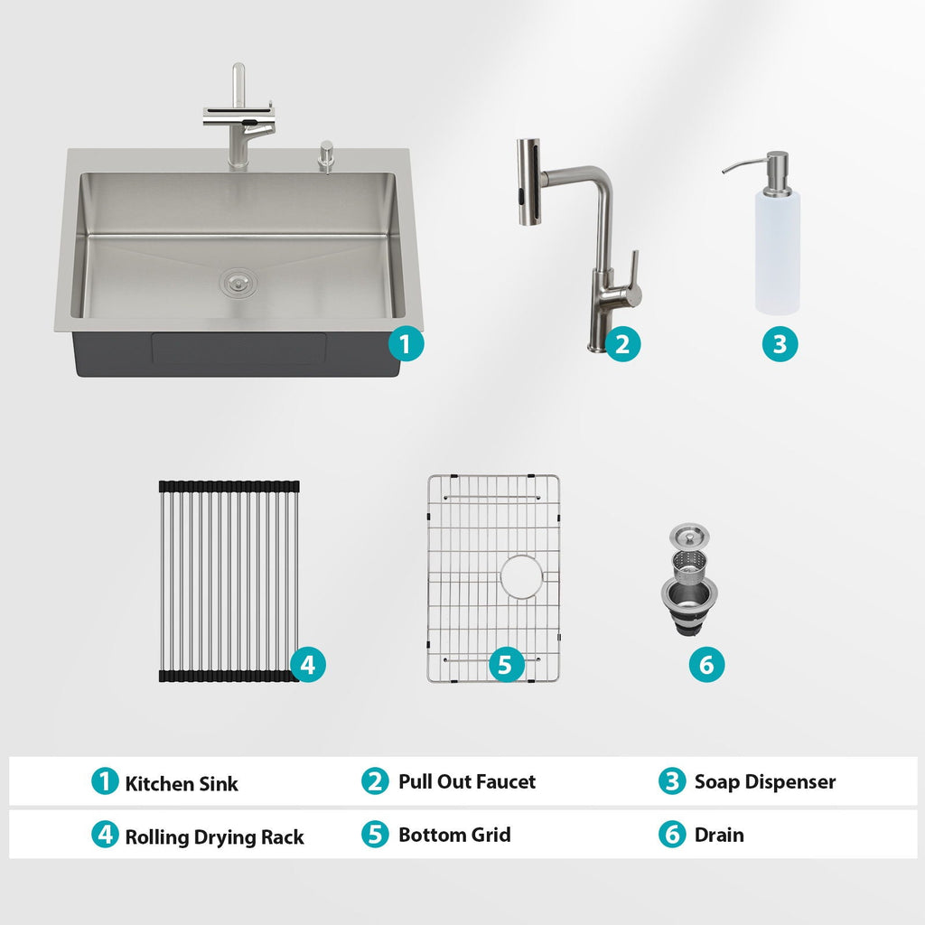 Brushed Nickel Drop-In Kitchen Sink with Pull-Out Faucet and Soap Dispenser - Gray
