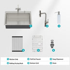 Brushed Nickel Drop-In Kitchen Sink with Pull-Out Faucet and Soap Dispenser - Gray