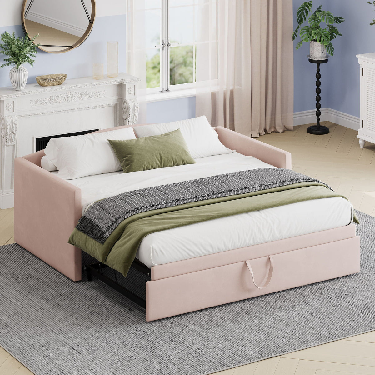 Upholstered Daybed With Pop Up Trundle Sofa Bed - Space Saving, Durable Frame - Gray or Pink