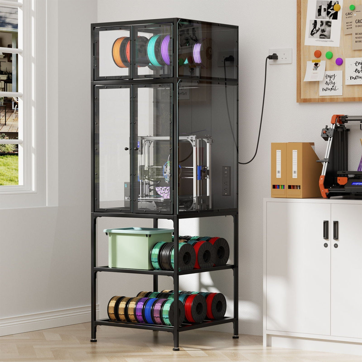 3D Printer Cabinet with Double Layer Filament Storage and Noise Reduction - Black