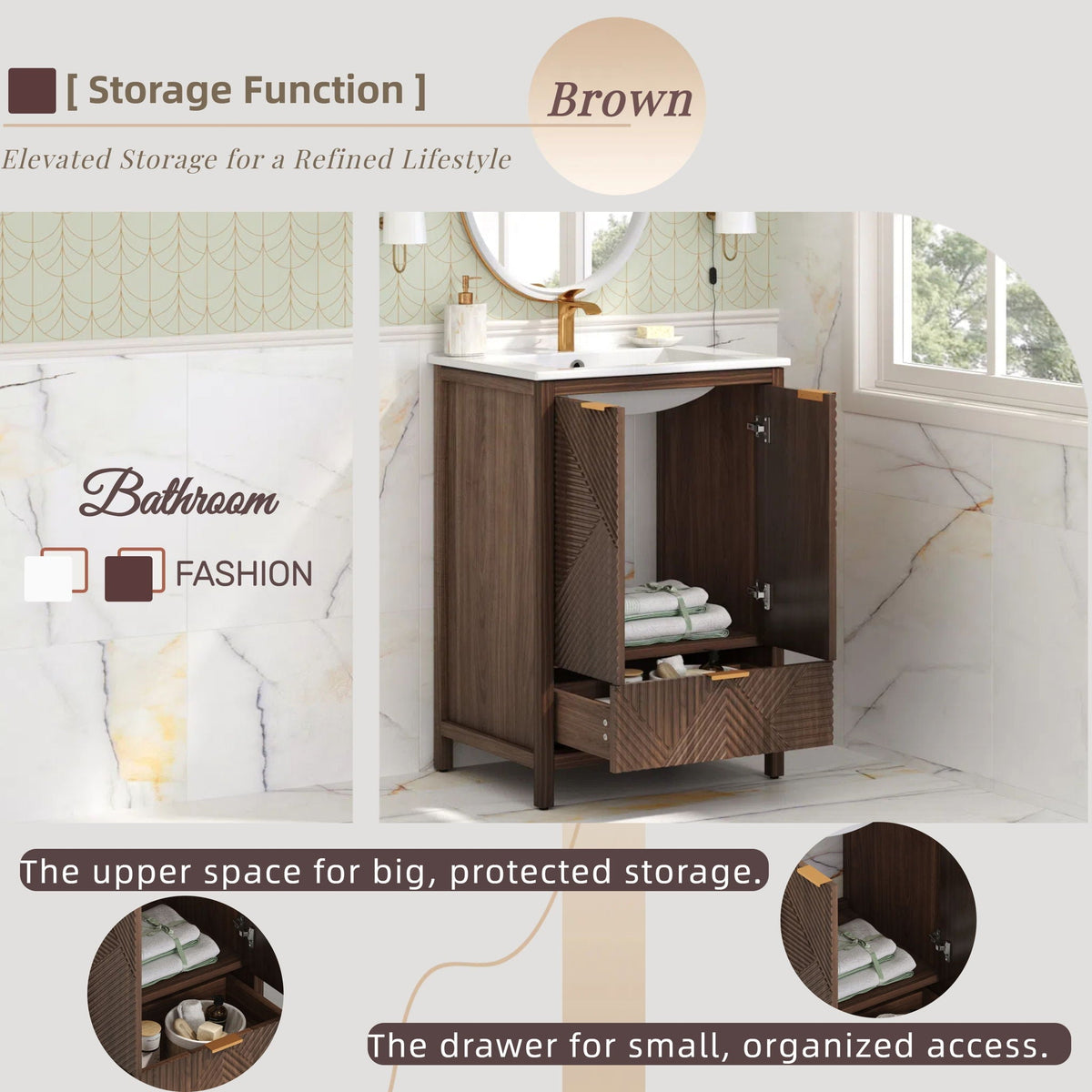 Modern Bathroom Vanity with Sink Combo – Compact Storage - Dark Brown or White