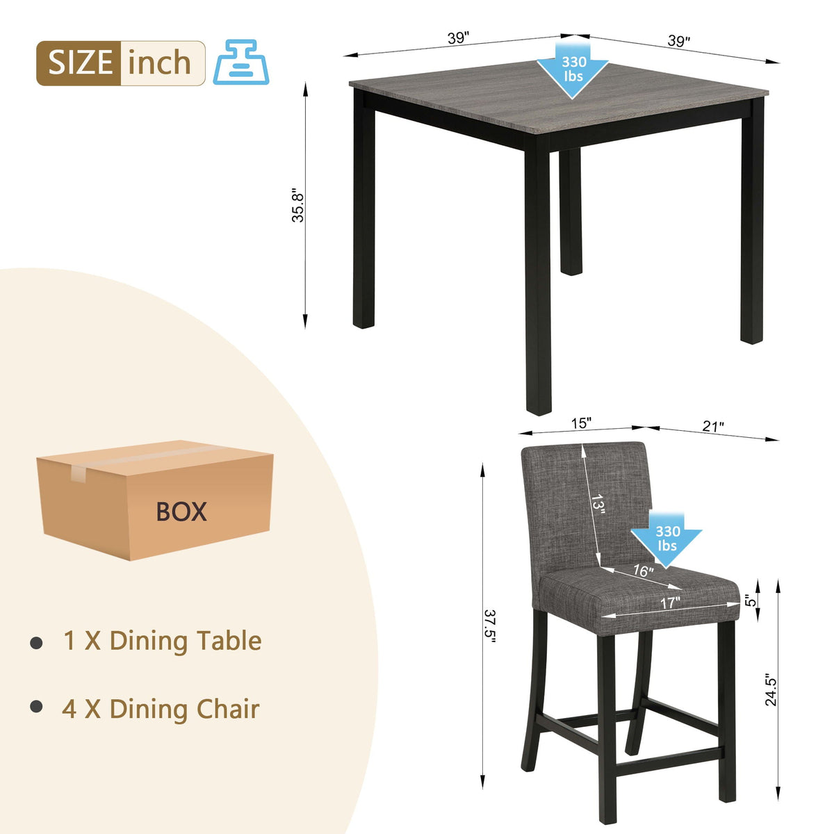 Counter Height 5 Piece Dining Table Set with Upholstered Chairs - Gray, White, Dark Gray
