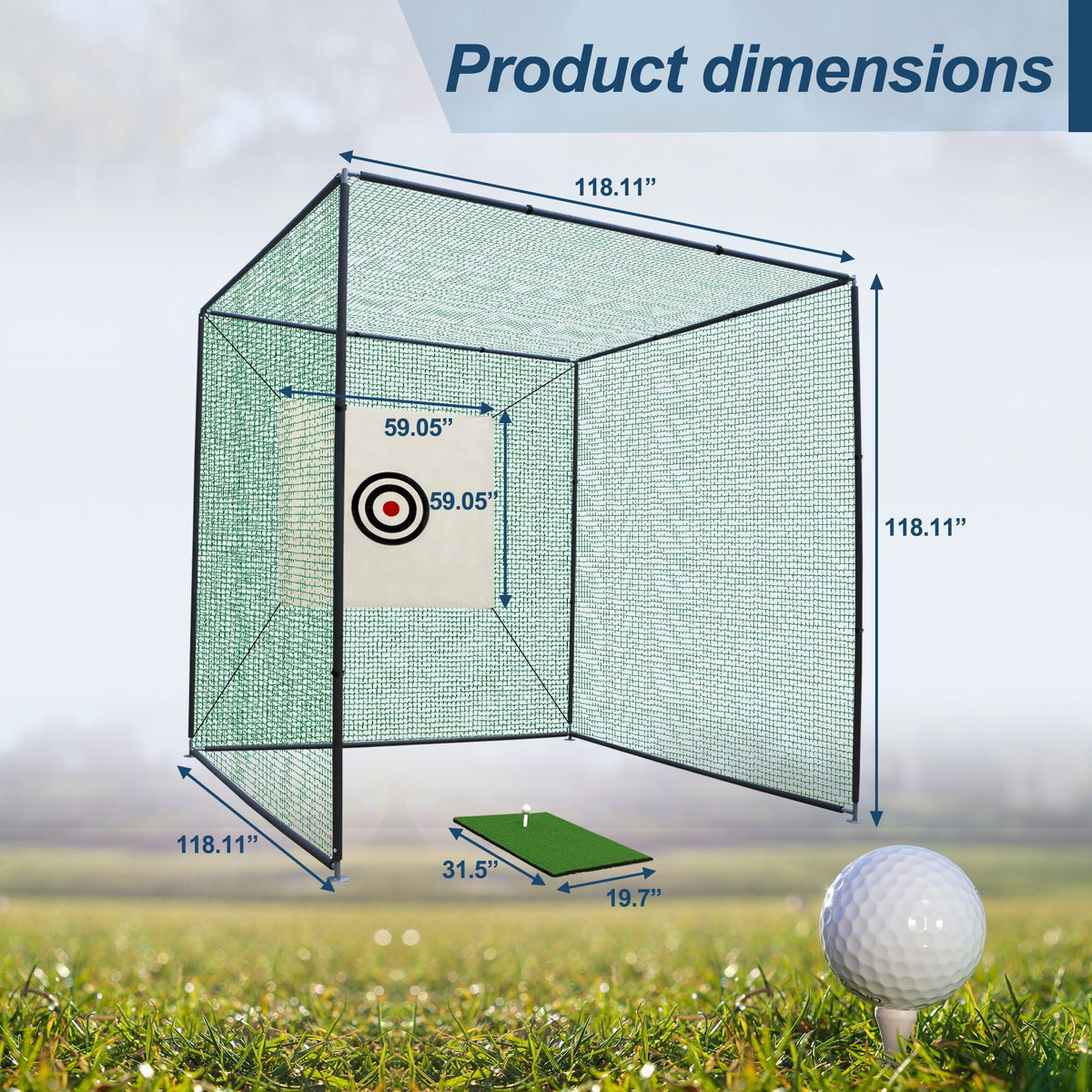Golf Practice Net Cage with Metal Frame Hitting Net Kit - Black