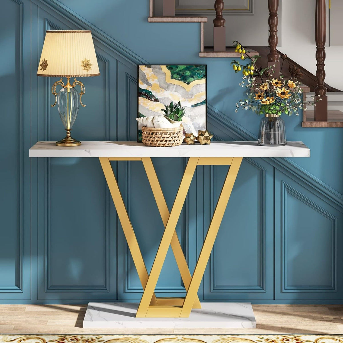 White Console Table with V Leg Frame - Gold