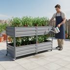 Dual Tier Metal Raised Garden Bed with Lockable Wheels - Grey or Green