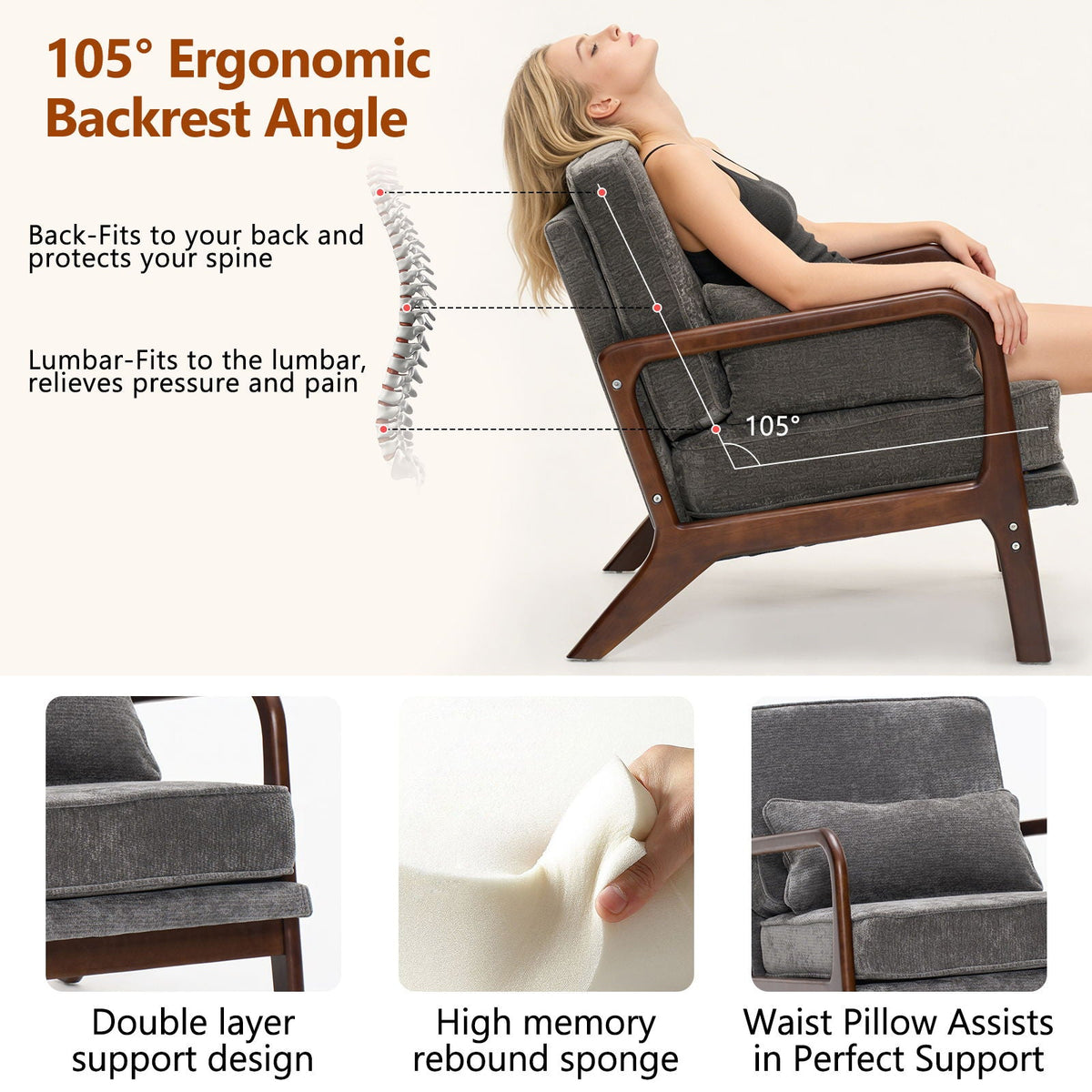 Upholstered Living Room Chair with Curved Armrests - Choice of Color