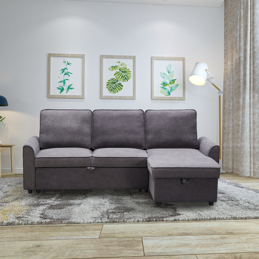 Modern Modular L-Shaped Sofa Bed with Chaise - Dark Grey Linen