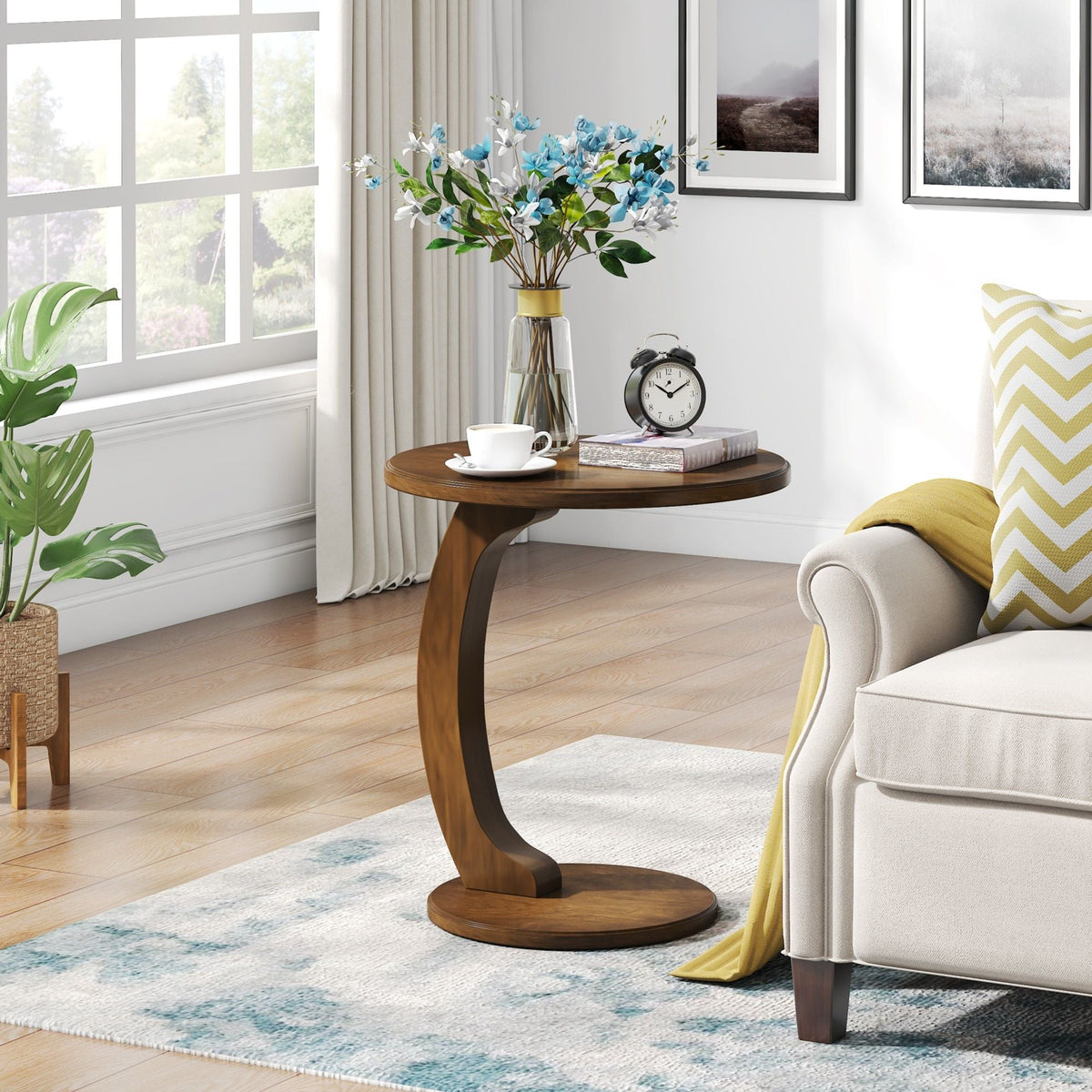 C-Shaped Round End Table with Compact Design - Brown