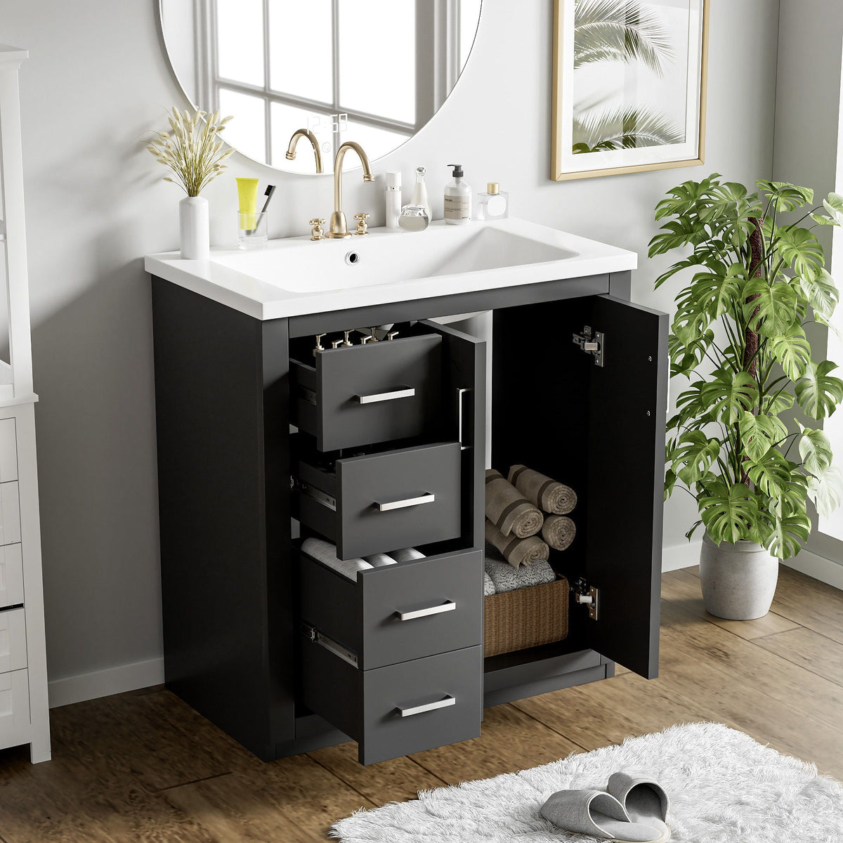 Ceramic Sink Vanity Combo with 3 Drawers and Soft Closing Doors - 30"