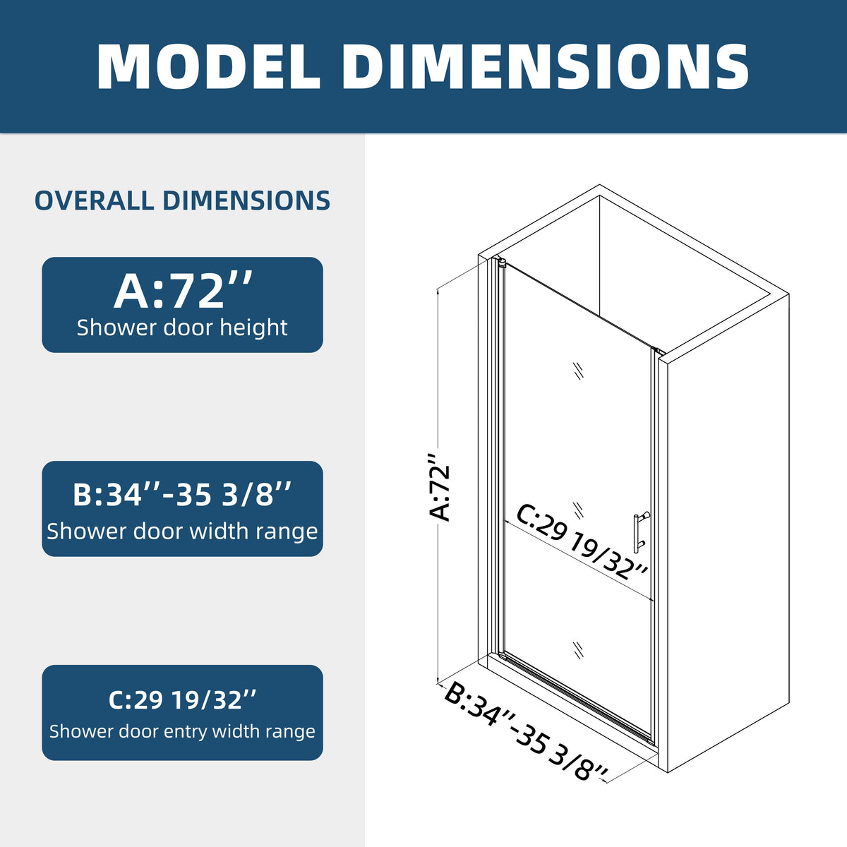 Universal Pivot Shower Door with 1/4" Tempered Glass - Polished Finish