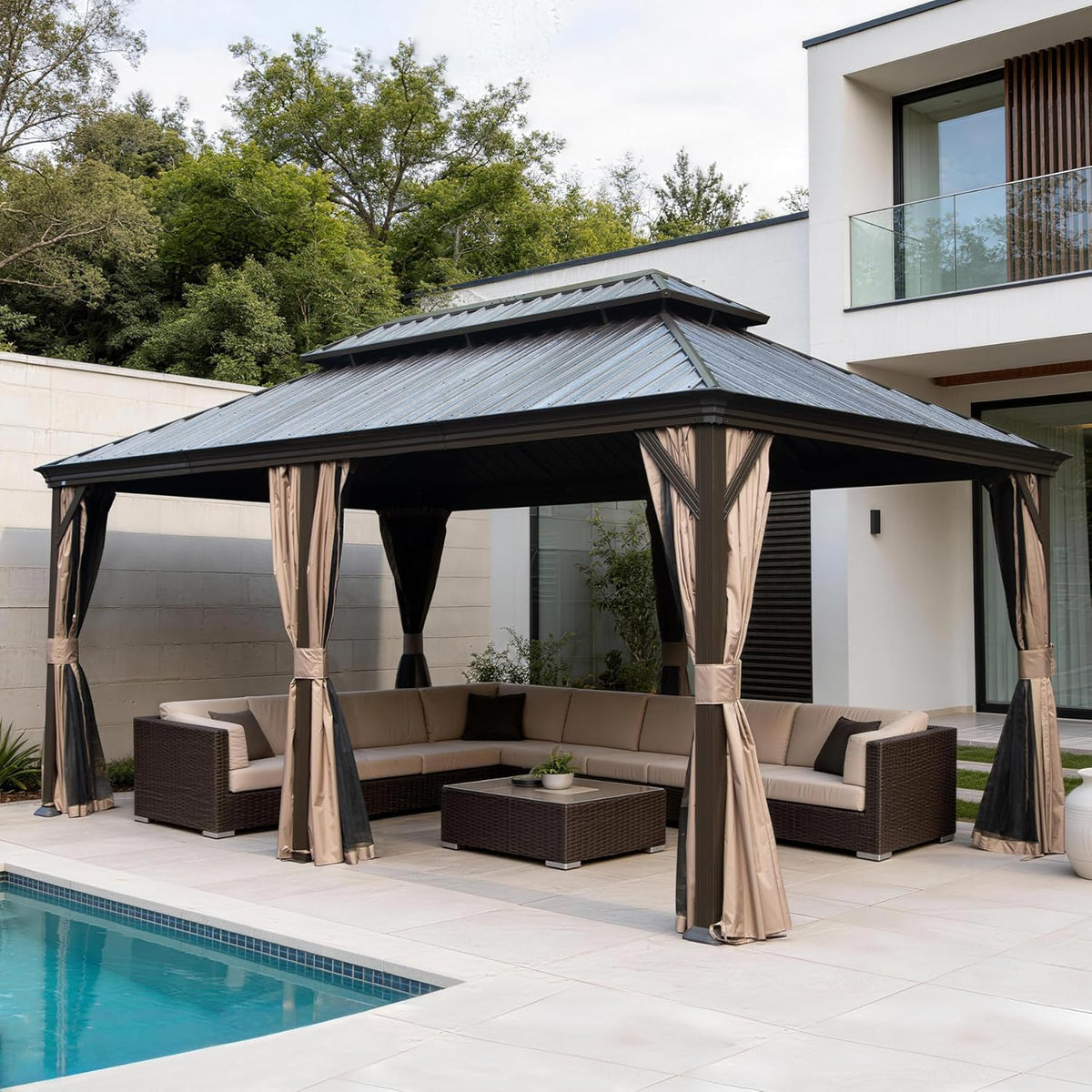 12x24FT Steel Outdoor Gazebo with Double Roof - Metal
